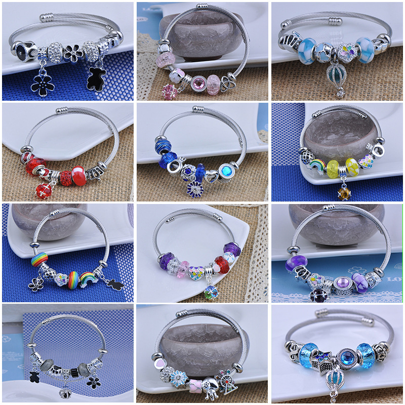 Online live broadcast Panjia style European and American new stainless steel bracelet fashion DIY beaded bracelet simple wholesale