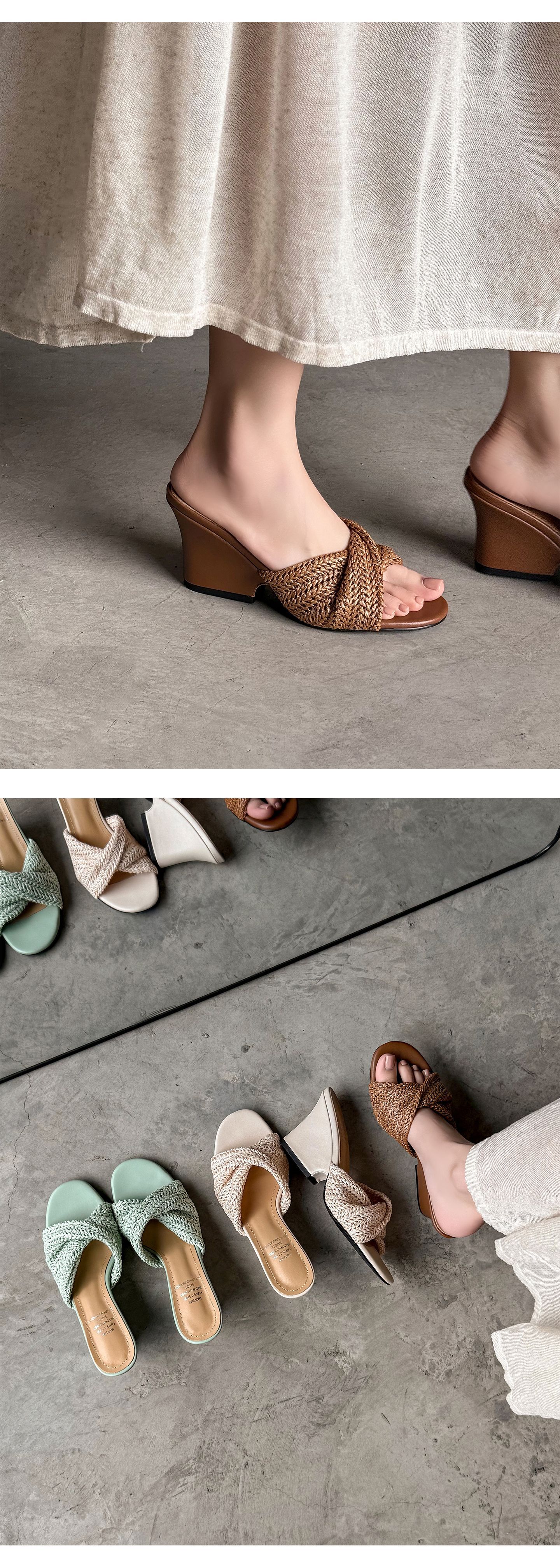 Dép sandal nữ xỏ ngón đế bệt phong cách Pháp, đan rơm, hở mũi, đi biển mùa hè — màu nâu, màu trắng ngà, xanh lá cây chi tiết 15