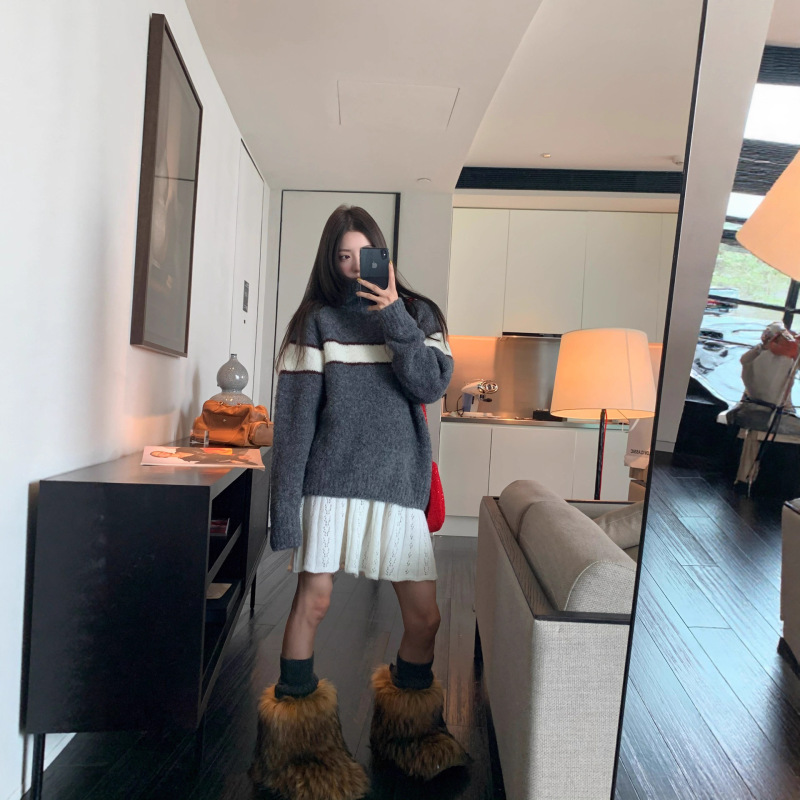 美式复古慵懒风撞色针织毛衣女2025秋冬季新款宽松显瘦针织衫上衣|undefined