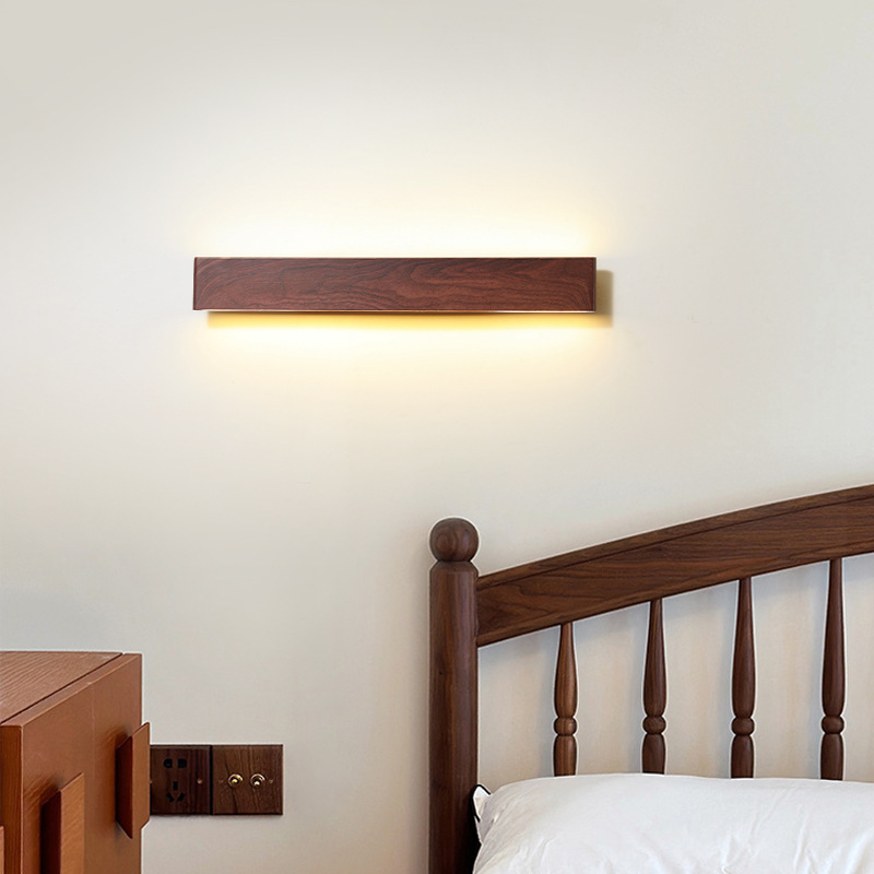 Lámpara de pared de estilo antiguo, lámpara de ambiente de cabecera de dormitorio, lámpara de tira larga de color nogal retro, lámpara de decoración de pared de fondo de sala de estar