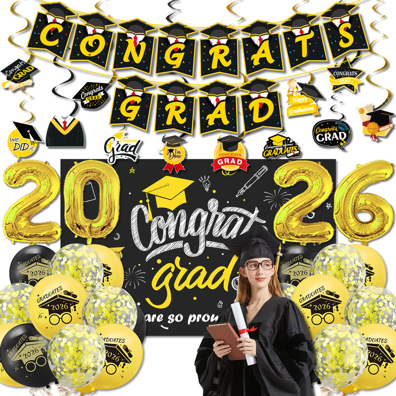 2026 Graduation Season Party Decoration Graduate Doctoral Cap Banner Spiral Hanging Decoration Balloon Set Graduation Ceremony