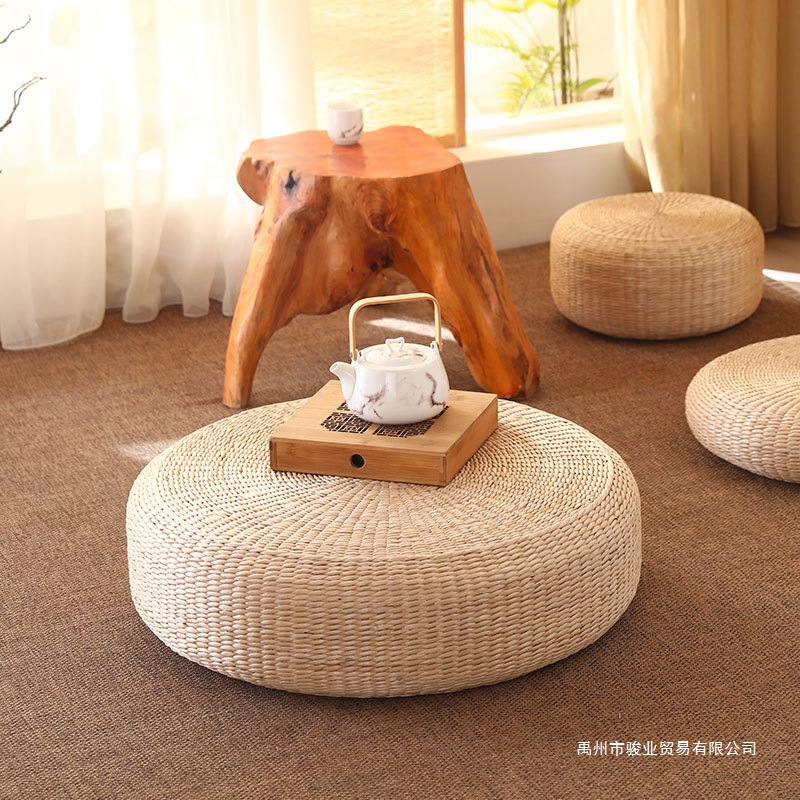 Cojín de futón de tejido de paja de estilo japonés, cojín de tatami de borde redondo grueso, cojín de futón hecho a mano para adorar al Buda y Zen.