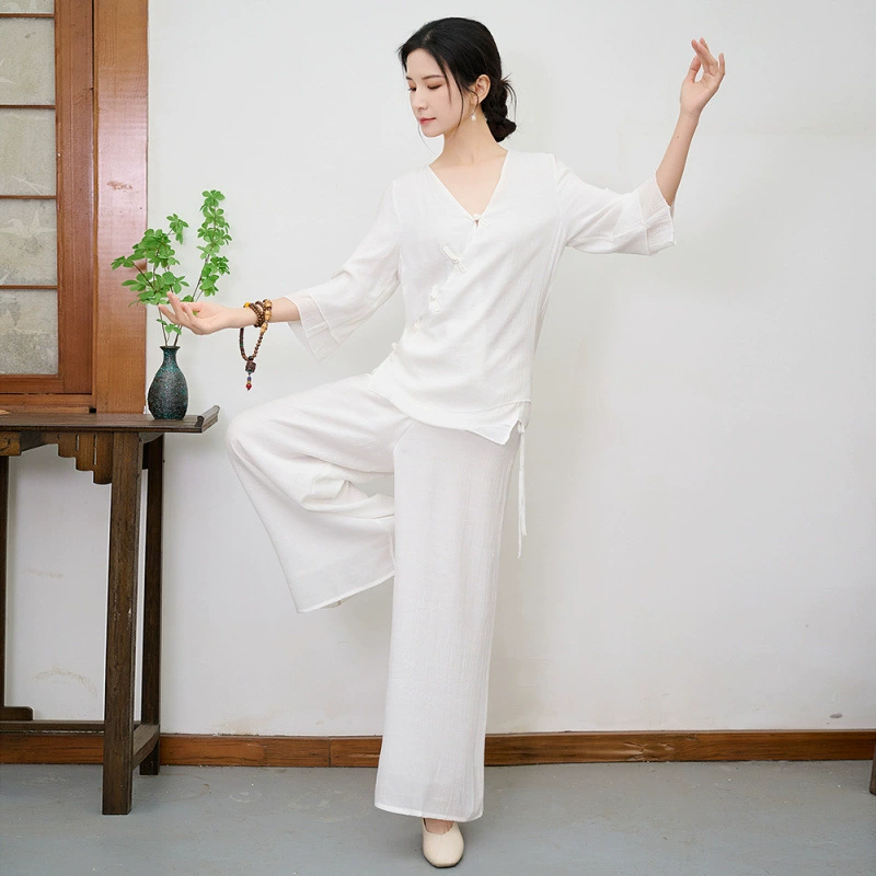 Реальный снимок # 2025 новый этнический стиль хлопок и лен одежда для медитации дзен комплект из двух предметов китайский стиль одежда для йоги