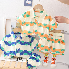 Kids' Summer Short-Sleeve Outfit: Wavy Shirt + T-Shirt & Shorts – Lightweight, Breathable 2-Piece Set for Boys and Girls