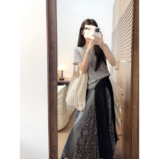 Irregular Color-Blocked Denim Skirt for Women in Summer, a Complete Set of Niche Retro Right-Shoulder Short-Sleeved T-Shirt Top Design