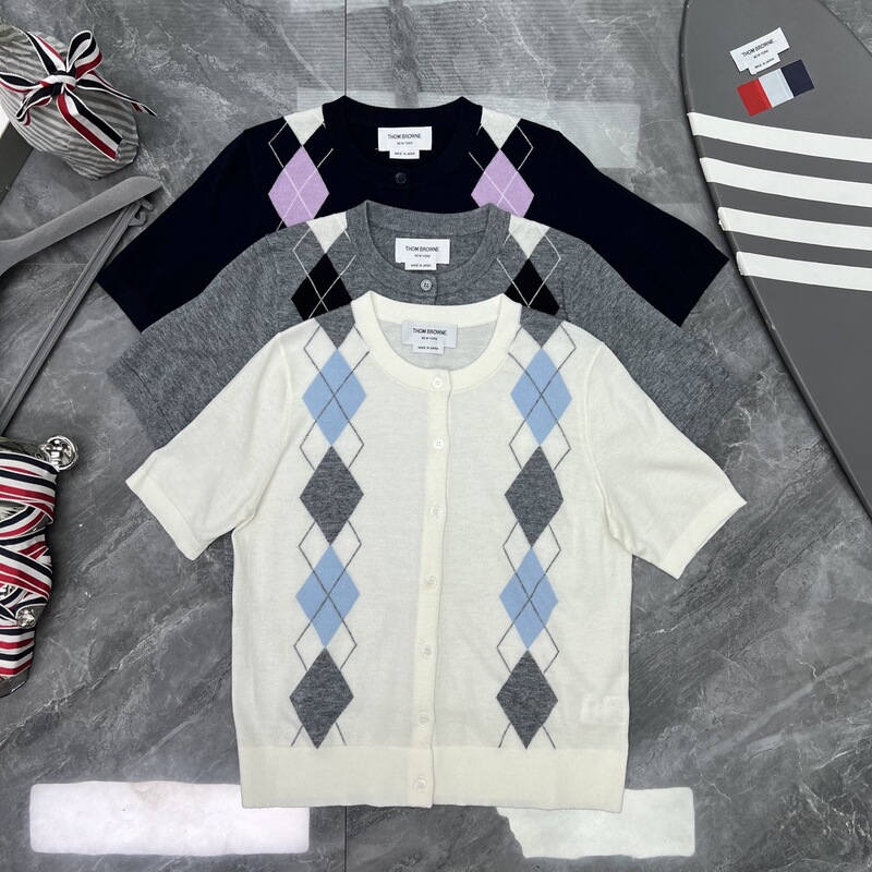 [Factory Store] High-Quality Women's Summer Short-Sleeved New Style Knitted Rhombus Color-Blocked Round-Neck Elegant Short-Sleeved Cardigan