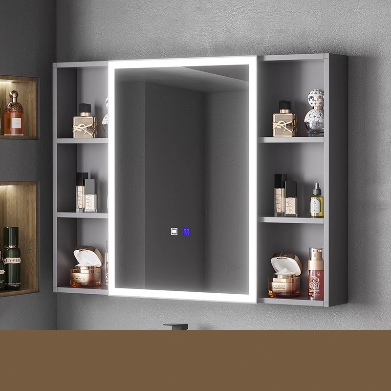 Engrosamiento de aluminio espacio inteligente espejo gabinete montado en la pared de la belleza de almacenamiento rack de baño vestidor espejo de luz desempañar caja de espejo