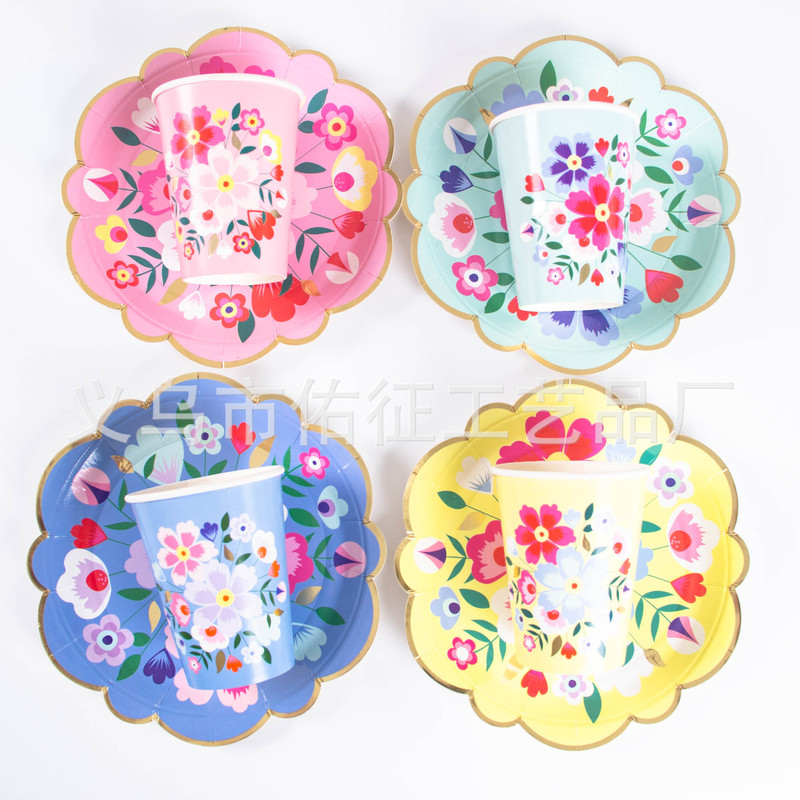 in stock Disposable Bronzing Vintage Flower Paper Plate suit Birthday Cake Plate Party Decoration Plate
