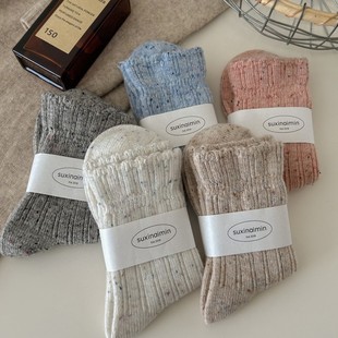Point Yarn Wool Socks Children's Autumn and Winter Thickened fleece-lined Warm Japanese Style Lace Mid-Length Socks Winter Long Stacked Socks