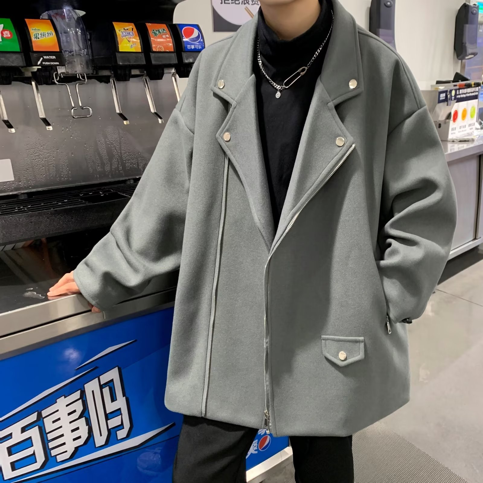 Acha y Agu abrigo de lana con bolsillo azul para hombres tendencia de invierno nueva pareja chaqueta de lana suelta