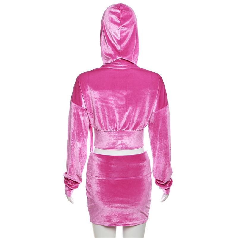 Fall Women Clothing Personalized Hooded Pocket Cardigan Short High Waist Casual Skirt Set