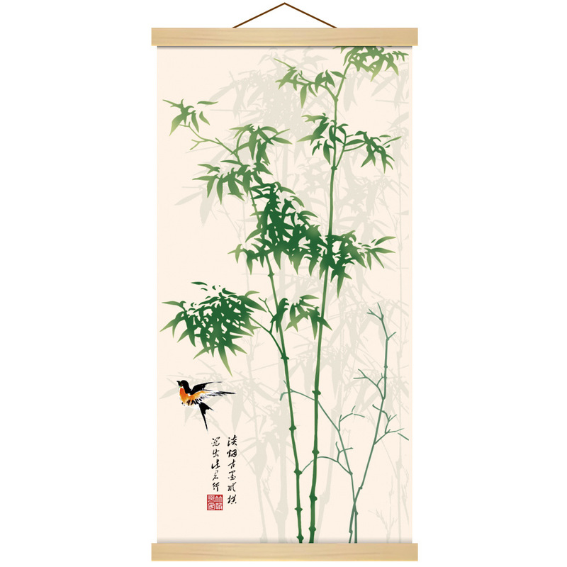 M40竹報平安柱図石竹図巻物掛け絵書斎客間装飾画|undefined