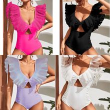 2025新款连体泳衣纯色网纱荷叶边镂空跨境外贸欧美亚马逊swimwear