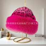 秋冬豹纹蒙古帽女加厚保暖仿水貂毛护耳渔夫帽毛绒帽子大帽檐国风