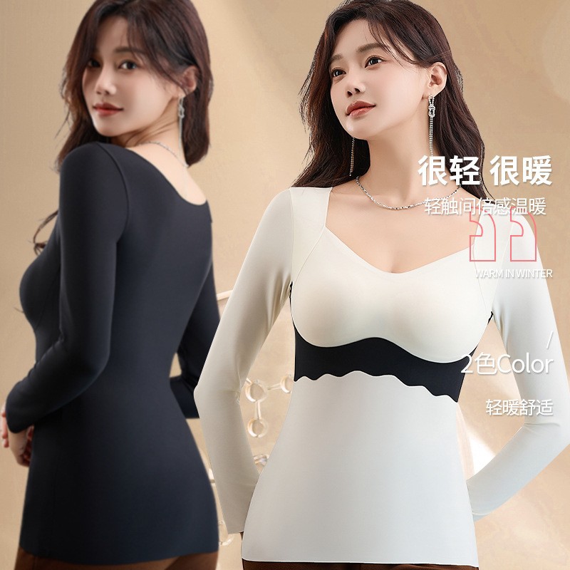 Nuevo otoño e invierno cálido superior alto elástico slim fit con almohadilla en el pecho ropa interior sin desgaste de las mujeres con cuello en V camisa de fondo ropa de otoño