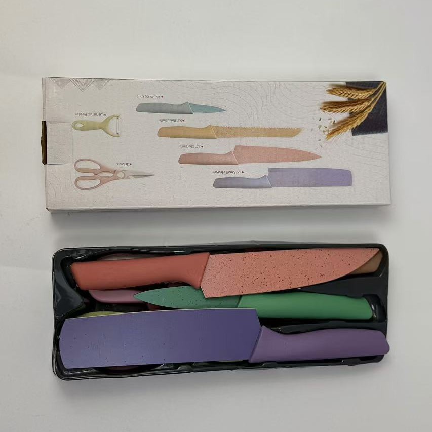 Comercio exterior transfronterizo exportación conjunto de cuchillos de cocina de paja de trigo de color seis piezas de cocina combinación de cuchillos de pintura de color