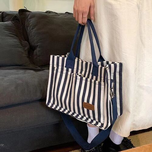 2024 New Women's Bag Trendy Commuter Large Capacity Striped Canvas Crossbody Bag Fashion Hand-held Tote