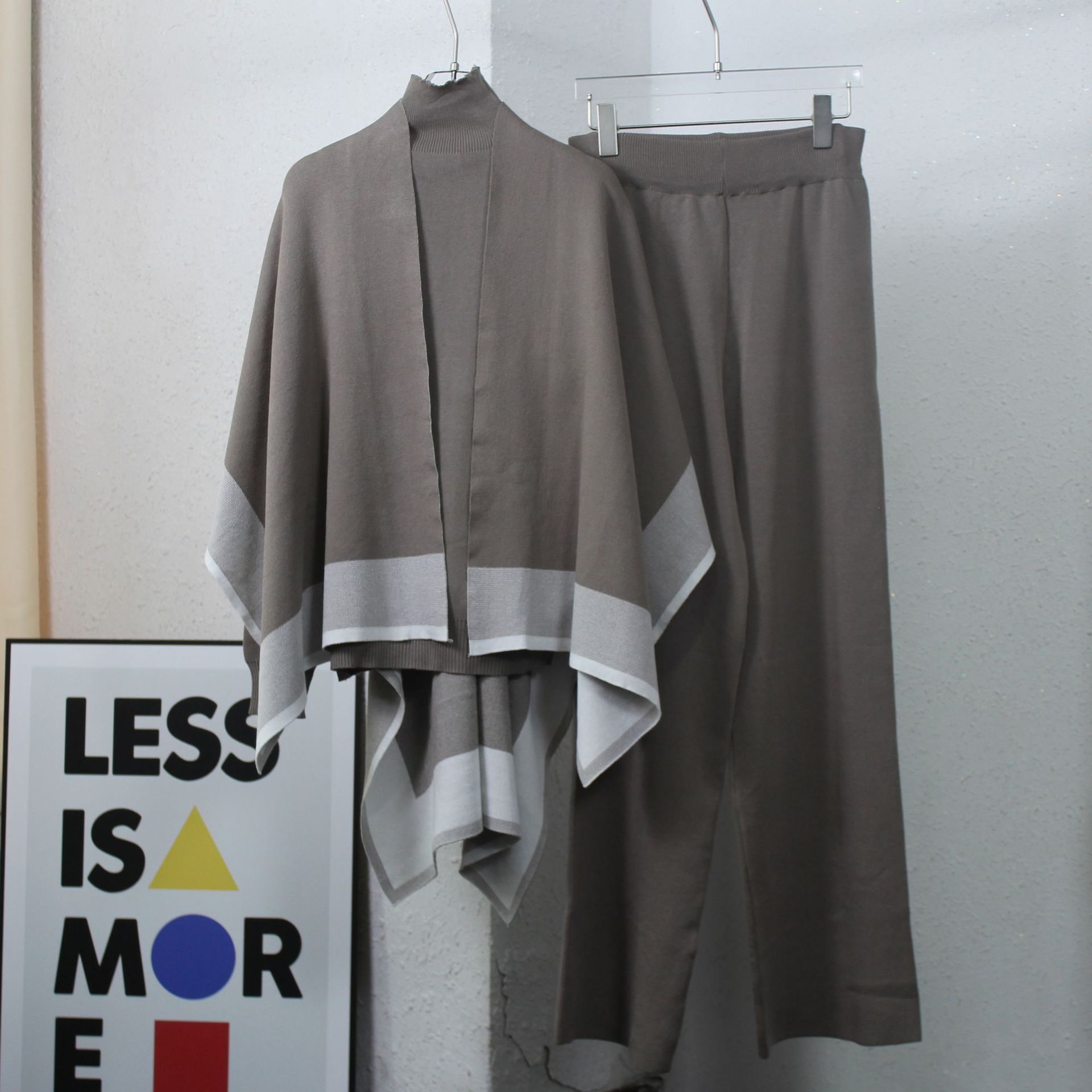 Damenbekleidung Schal Strickpullover Lockere Hose mit weitem Bein Dreiteiliger Anzug Freizeitjacke Einfarbiger Pulloveranzug_voghion.com