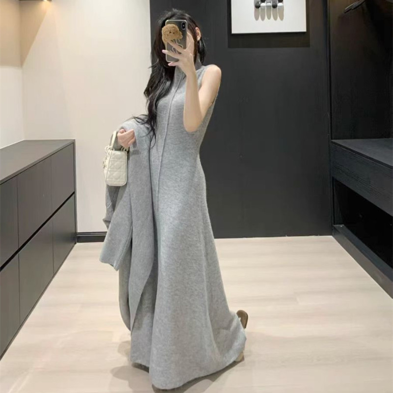 香港スタイルのレトロなロングセータースーツ女性のための秋と冬の新しい怠惰なスタイルのニットカーディガン気質ドレスツーピースセット|undefined