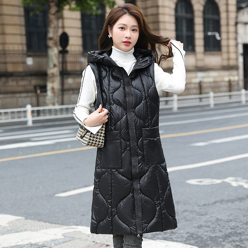 Hooded Vest Pocket Tight Waist Korean Down Cotton Vest Women's Winter Wear New Mid-length Cotton Horse Clip Waistcoat Trendy