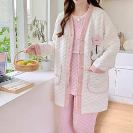 秋冬加厚空气棉孕妇睡衣女产妇哺乳喂奶月子服三件套夹层可可外穿