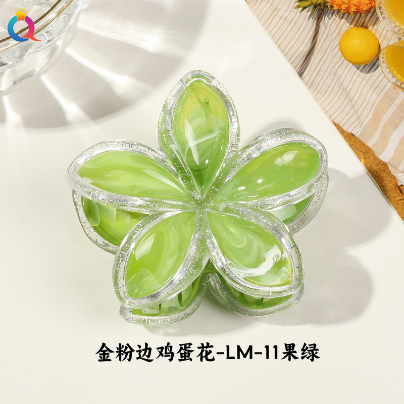 奇阅跨境新款网红金粉边鸡蛋花发夹后脑勺半扎花朵抓夹鲨鱼夹发卡|undefined