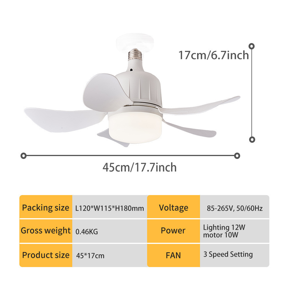 Ventilador de Techo con Luz E27 de ABS Silencioso para Comedor y Dormitorio