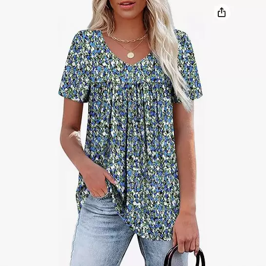 亚马逊2025春夏款欧美外贸抽褶扣子宽松印花短袖T恤跨境爆款女士