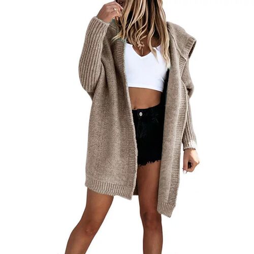2025 Women's European and American Solid Color Casual Autumn and Winter Loose Knitted Hat and Sweatshirt Long Coat