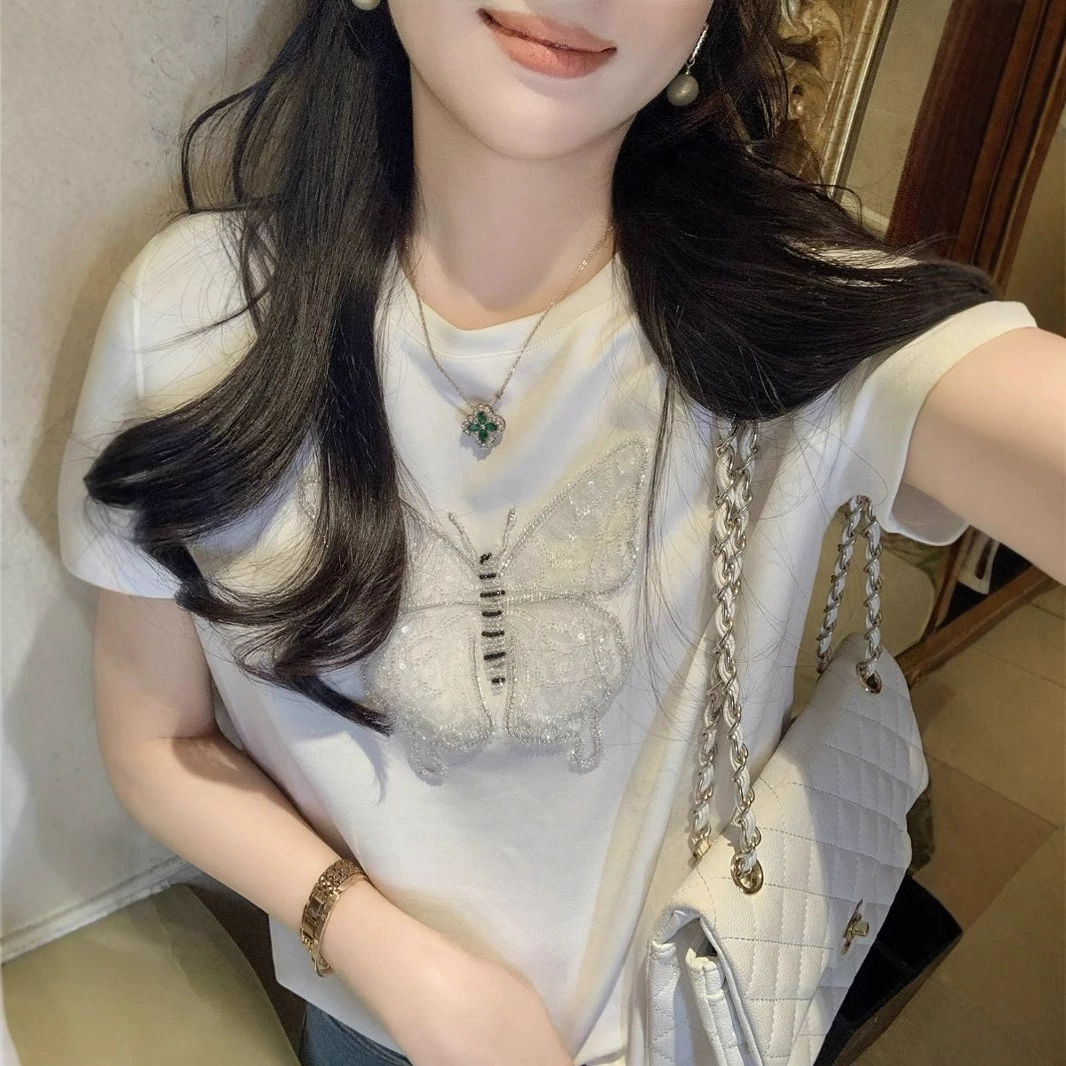 Baman хлопок 220g Летняя тяжелая промышленность бисерная бабочка с короткими рукавами футболка женская свободная иностранная модная куртка