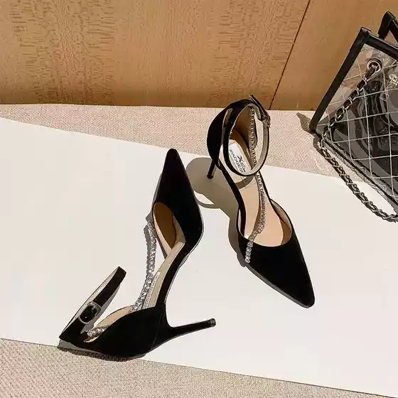 Black High Heels for Women 2025 New Style Versatile Stiletto Pointed Toe Flats Toe Buckle Rhinestone Sandals