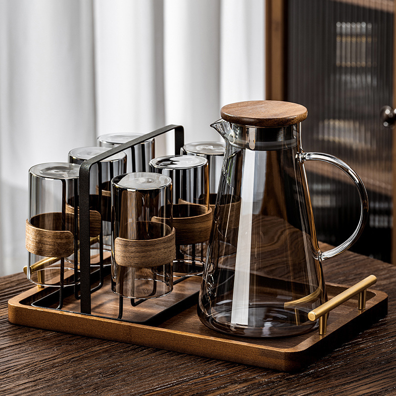 High-End Heat-Resistant Glass Cup Set for Home Use, High Borosilicate Living Room Guest Tea Cups and Water Cups with Wooden Ring