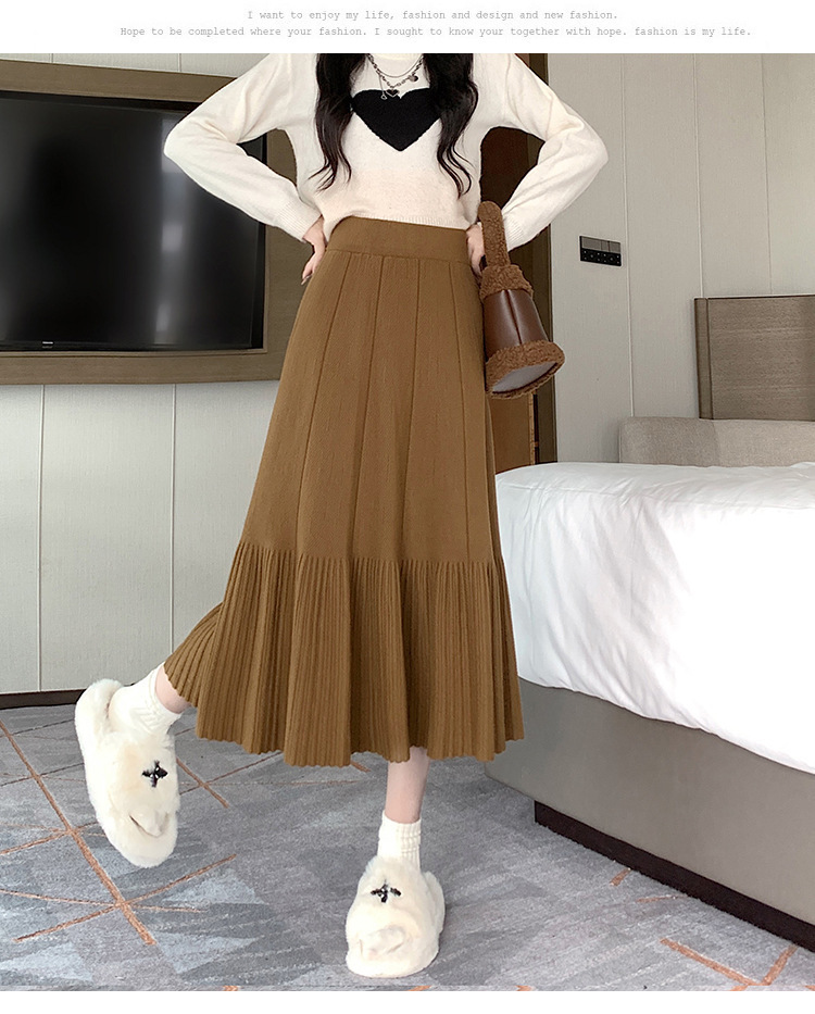 Pleated Knitted Skirt Women'S Autumn And Winter New Fashion High Waist Korean Version Casual And Thin Big Swing Skirt A-Shaped Skirt Umbrella Skirt 42 Undefined