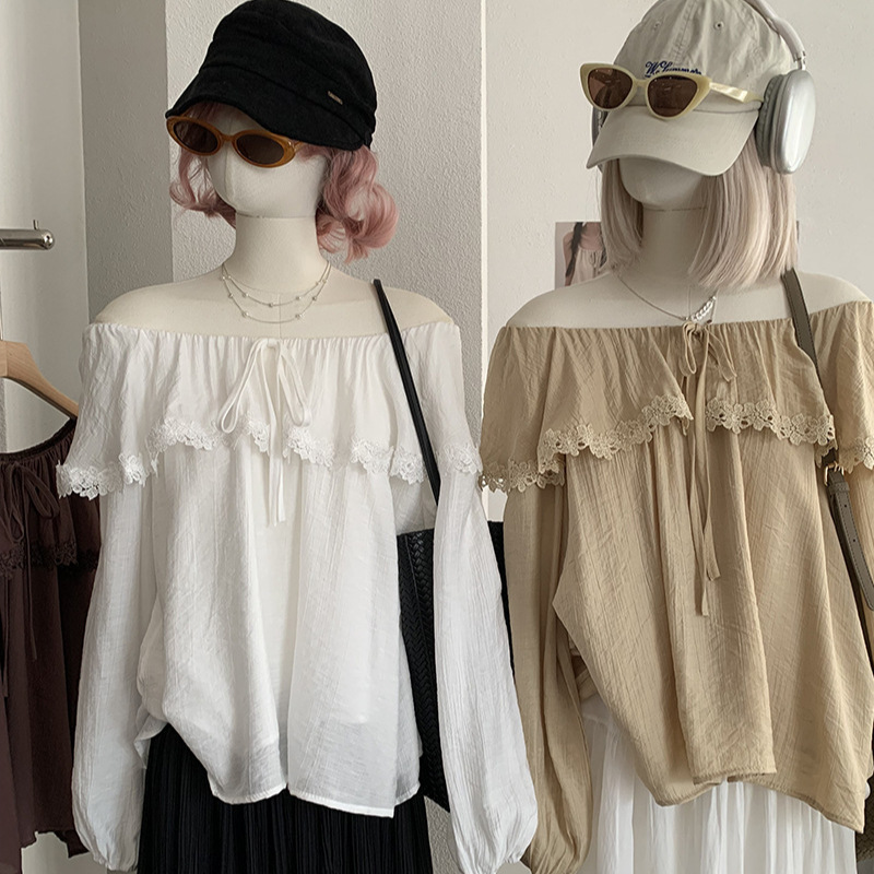 KEKEZOON Lace Patchwork Ruffle Off-Shoulder Blouse for Women, Gentle Early Autumn Long-Sleeve Shirt 8767 KEKEZOON Lace Patchwork Ruffle Off-Shoulder Blouse for Women, Gentle Early Autumn Long-Sleeve Shirt 8767