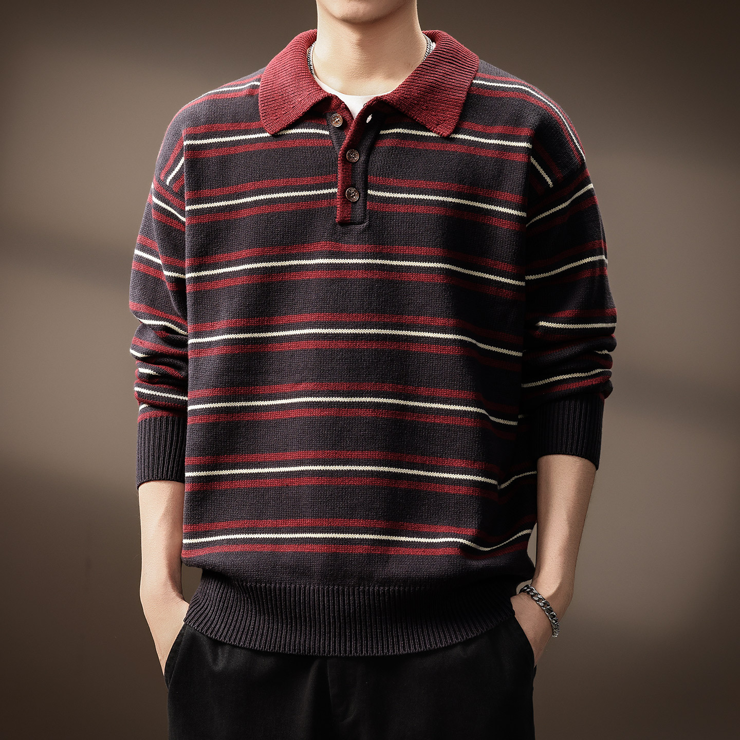 High-End American Retro Old Money Style Striped Sweater for Men, Autumn and Winter Trendy Loose Lazy Style Polo Collar Knitwear for Men