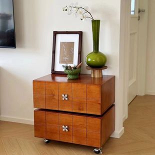 Retro Rotatable Bedside Table Solid Wood Creative Mid-Century Style Cabinet Drawer Storage Removable Bedside Table with Wheels