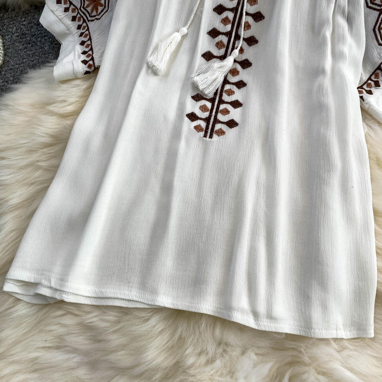 Women's Bohemian Style Sweet Embroidered Tie Neck Round Neck Mid Sleeve T-Shirt Summer Loose Fit Slimming Ethnic Retro Top_ecoleips.com