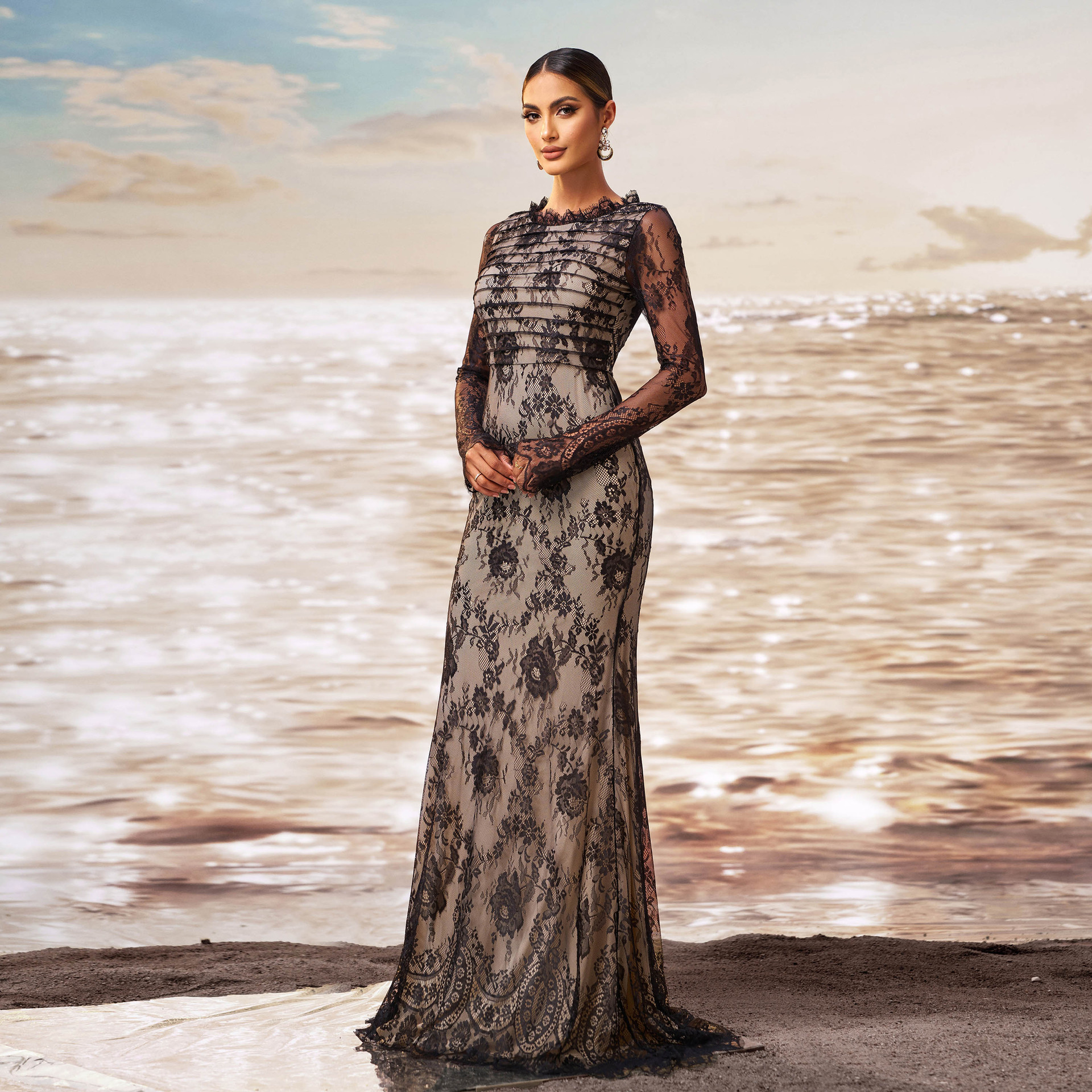 European And American New High End Long Sleeved Round Neck Banquet Mesh Hip Wrapped Fishtail Evening Dress Bridesmaid Dress Dress Women_ecoleips.com