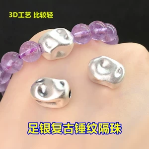 S999 Pure Silver Retro Asymmetrical Hammer Pattern Separated Beads Bucket Beads Crystal Toy Braided Hand Rope Necklace DIY Accessories