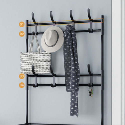 Floor-standing coat and hat rack with integrated shoe and hat storage, plus a versatile storage shelf—perfect for hanging bags and shoes in the living room or bedroom.