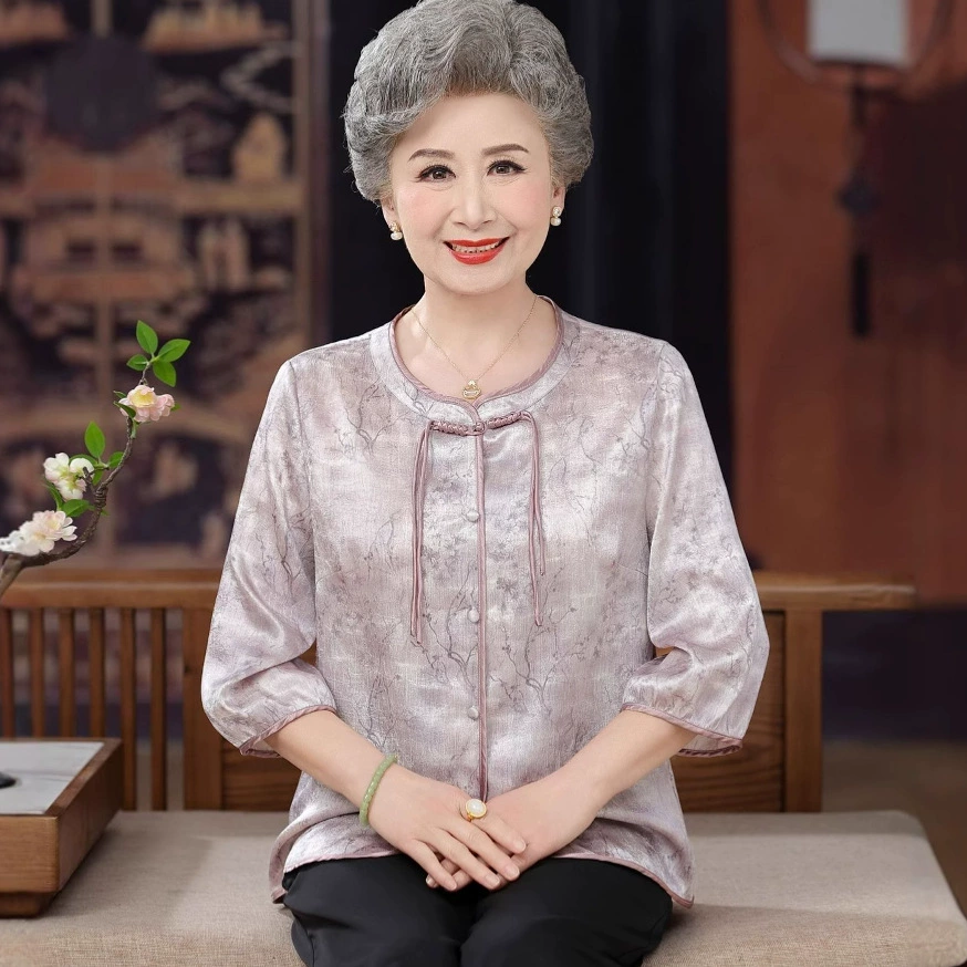 Средний и пожилой пожилой женщина летняя шелковая одежда новая бабушка летняя китайская рубашка свободная мама рубашка