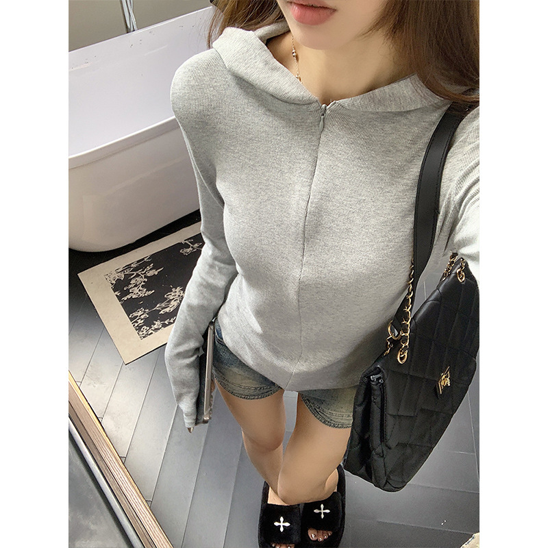 魔西女王简约灰色连帽长袖外套女秋冬别致修身显瘦拉链打底衫上衣|undefined