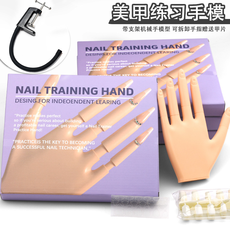 Práctica para principiantes de uñas transfronterizas, modelo de mano, mano falsa, modelo de manipulador con soporte, dedo desmontable, pieza de uña gratis