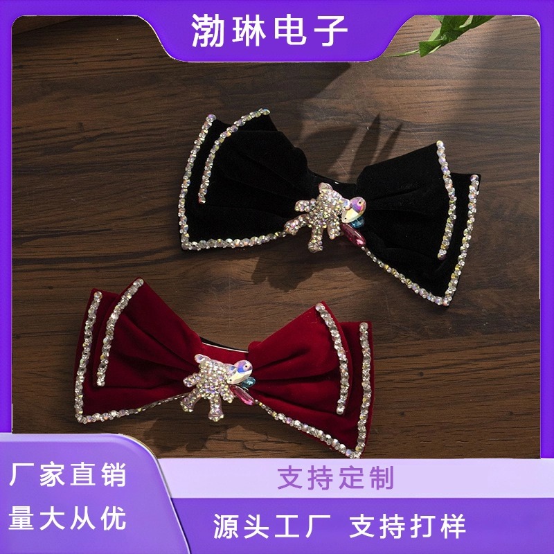 Large Velvet Bow Spring Clip Super Multi Diamond Hairpin Bear Diamond Top Clip Black Suede Clip Temperament Hair Accessories