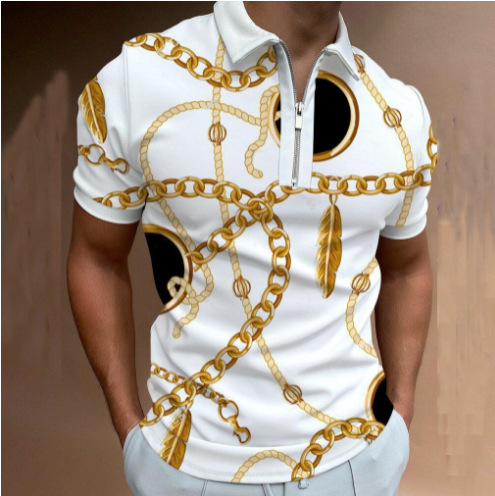 Camiseta Polo con Cierre de Solapa y Estampado Geométrico para Hombre, Estilo Europeo y Americano, Camiseta de Manga Corta de Verano para Hombre, Estilo Moderno Europeo y Americano 2025