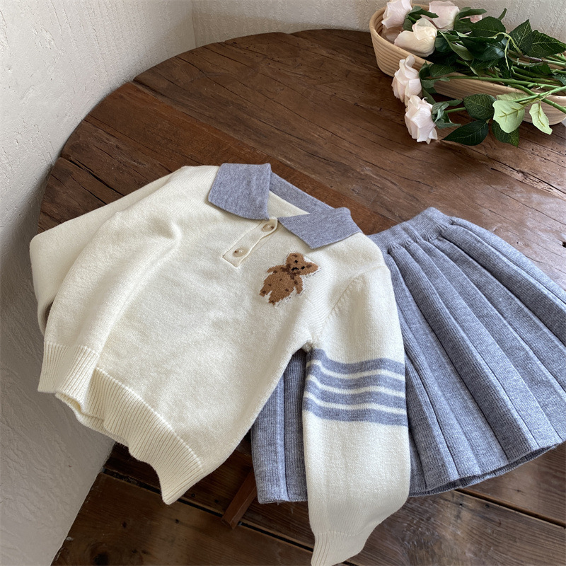 Ensemble pull et demi-jupe pour filles, nouvelle édition coréenne, Style académique, dessin animé petit ours, automne 2022_voghion.com