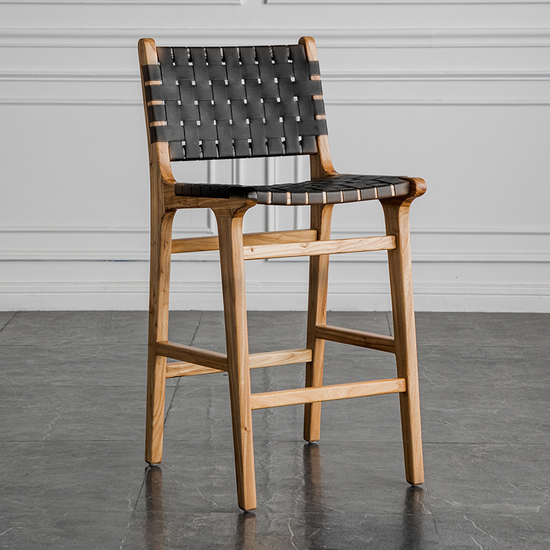 silla de bar de pies altos silla trenzada de cuerda de madera sólida silla de bar de cafeteria de alojamiento en casa silla de respaldo de cuero bar asiento de tarjeta