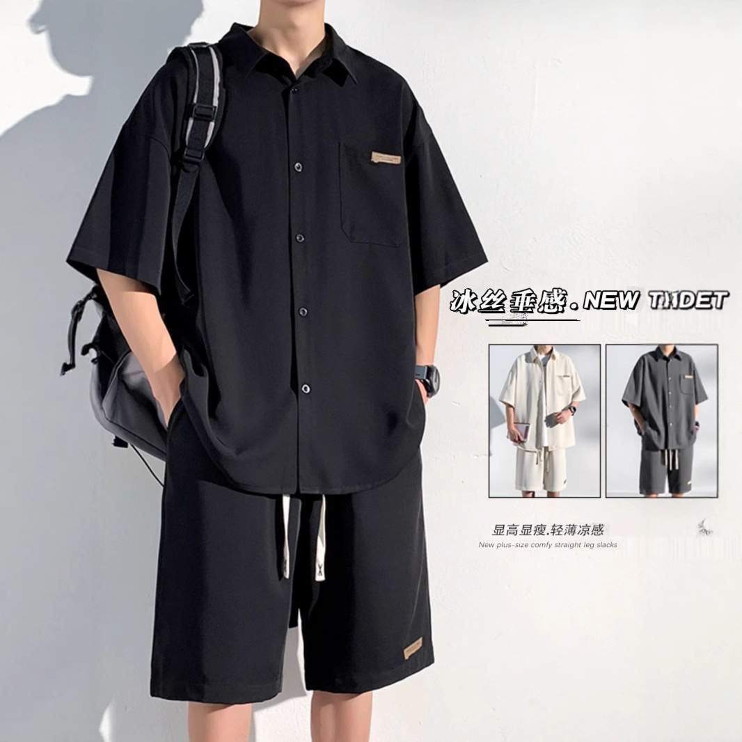 时尚休闲衬衫冰丝套装男夏季运动痞帅宽松短袖短裤搭配穿搭一整套