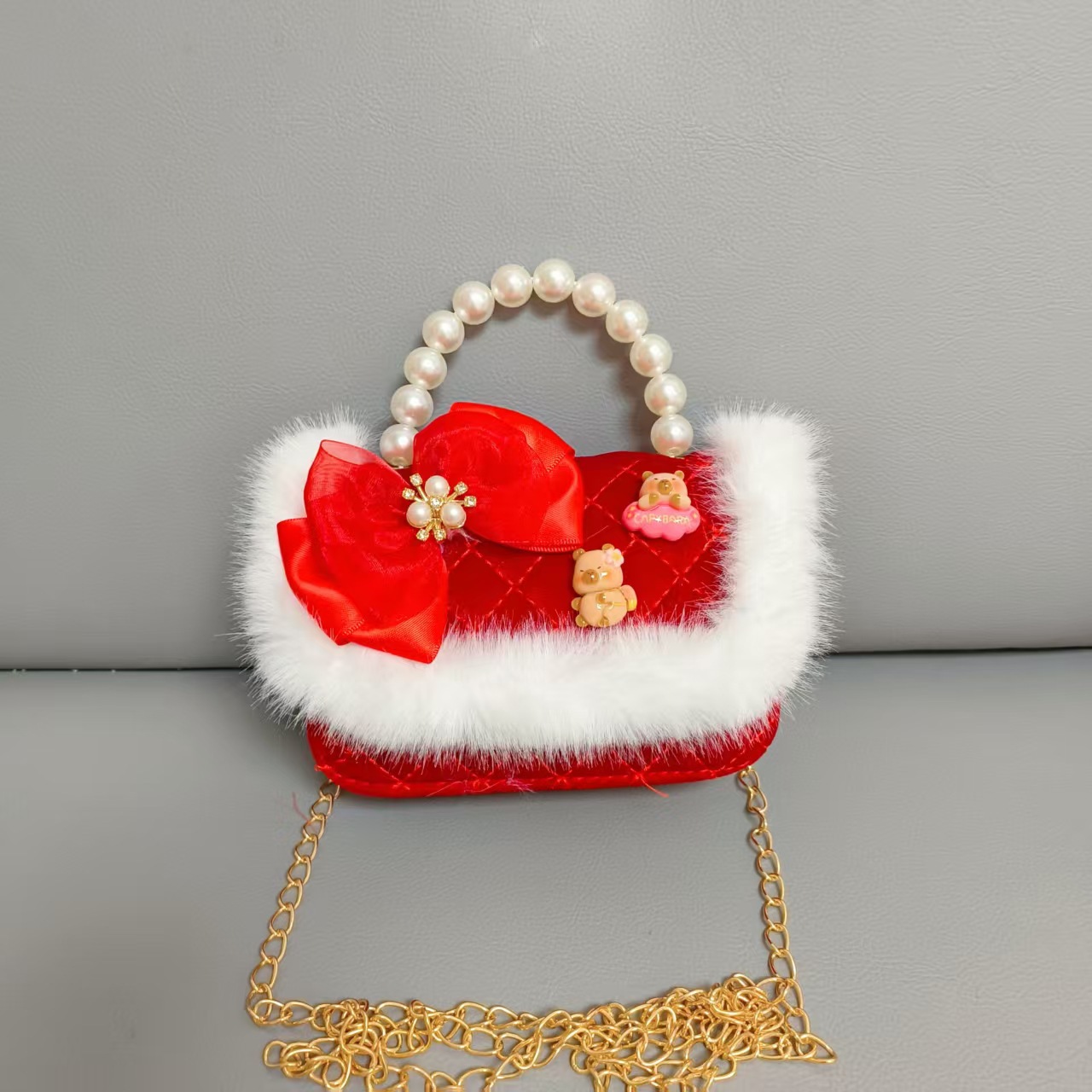 Cartera de Año Nuevo rojo, bolso de perlas, arco de arco, bolso de mano, cadena de viento de fragancia, bolso de hombro pequeño