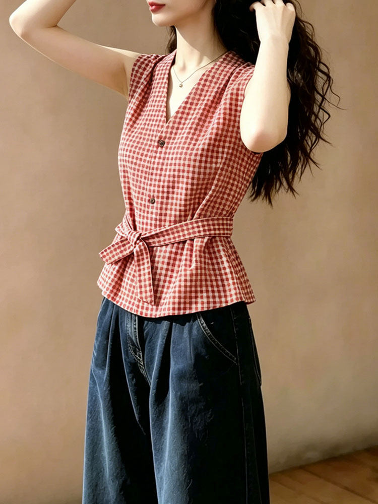 Áo sơ mi nữ không tay cổ V họa tiết kẻ caro đỏ vintage, thắt lưng eo — Lưới đỏ chi tiết 4